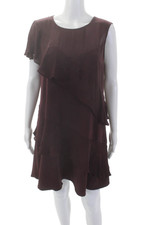 Parker Womens Round Neck Ruffled Tiered Zipped Midi Shift Dress Red Size M