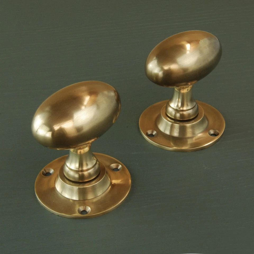 Aged Unlacquered Solid Brass Door Knobs Handles Vintage Antique Style Oval Round - Image 3 of 4