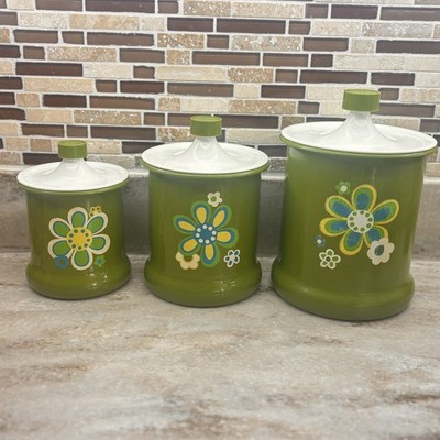 Kromex Green Avocado Flower Aluminum Canisters w Lid 1970s Groovy Retro Set Of 3