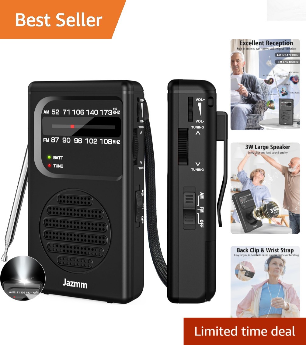 Transistor Radio - Am Fm, 3W Speaker, Flashlight, Perfect Gift For Elders