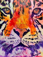 GUAJARDO Original Abstract Colorful Neon Tiger 12X16 Canvas