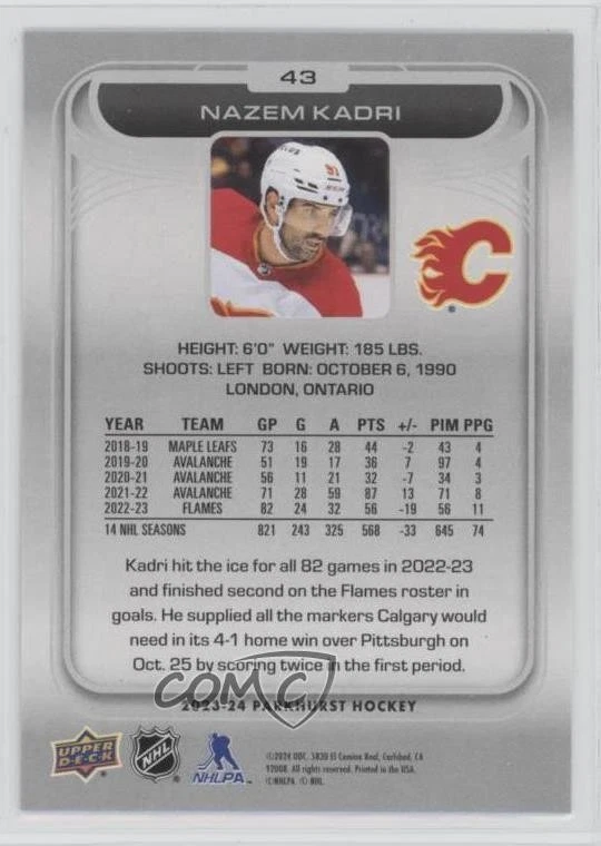 2023-24 Upper Deck Parkhurst Silver Foil Nazem Kadri #43 - Image 2 of 2