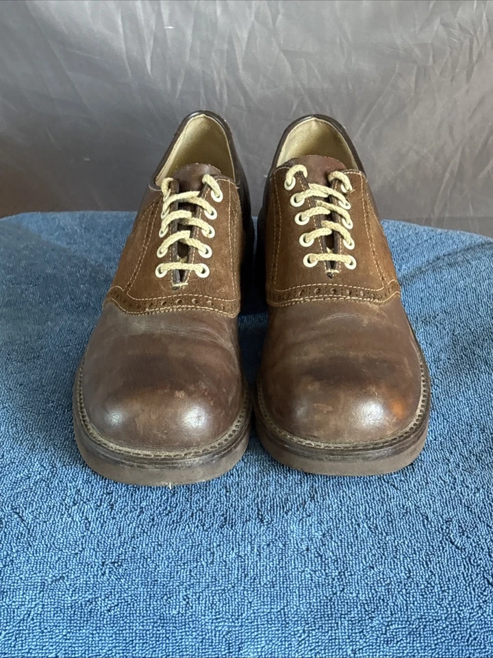 Zapatos de Colección Años 70 Bajo Sillín Zapatos Cuero Marrón Gamuza Tacón Alto Disco 9.5 D Foto 2 de 4