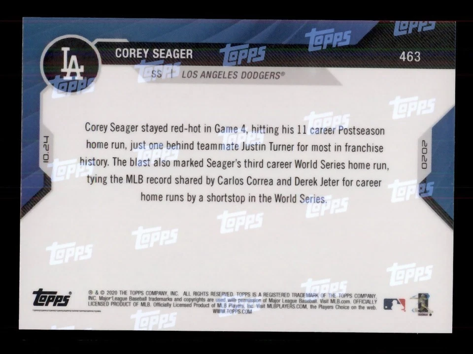 2020 TOPPS NOW #463 COREY SEAGER WORLD SERIES BLUE /49 LOS ANGELES DODGERS - Image 2 of 2