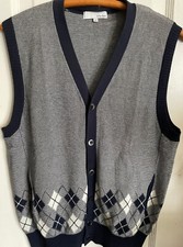 Men's S Classic Navy and White Knit Vest w/ Argyle Pattern, Ribbed Sleeves  Hem