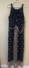 Luxology Maxi Dress Navy Blue Print Ruffle Front Tie Waist Lined Size 16 D5
