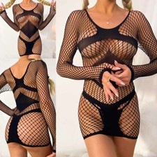 Women Sexy Fishnet Dress Hollow Out See Through Bodycon Stretchy Babydoll Mini