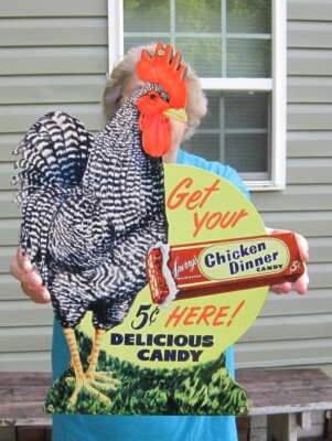 Winner Winner Chicken Dinner Sperry's 5 Cent Candy Embossed Advertising Sign