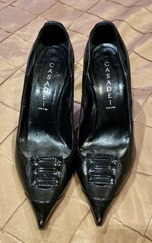 CASADEI ITALIAN WOMAN BLACK LEATHER PUMPS, POINER TOE, STILETTO HEELS, SIZE 37.5 - Picture 5 of 18
