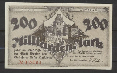 Wetzlar 200 Milliarden Mark 31. Oktober 1923 Notgeld aus Rheinland ( 1052 - Bild 1 von 2