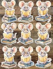 Mouse Reading Book Die Cut Vinyl Stickers Set Scrapbooking Laptop Waterbottle