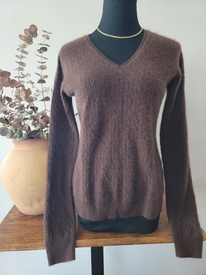 Chocolate Brown 100% Cashmere Cable Knit V- Neck Sweater SZ L Preppy