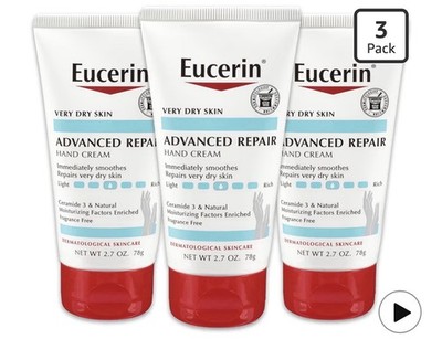 Eucerin Advanced Repair Fragrance-Free Hand Cream Moisturizer 2.7 oz 3 Pack