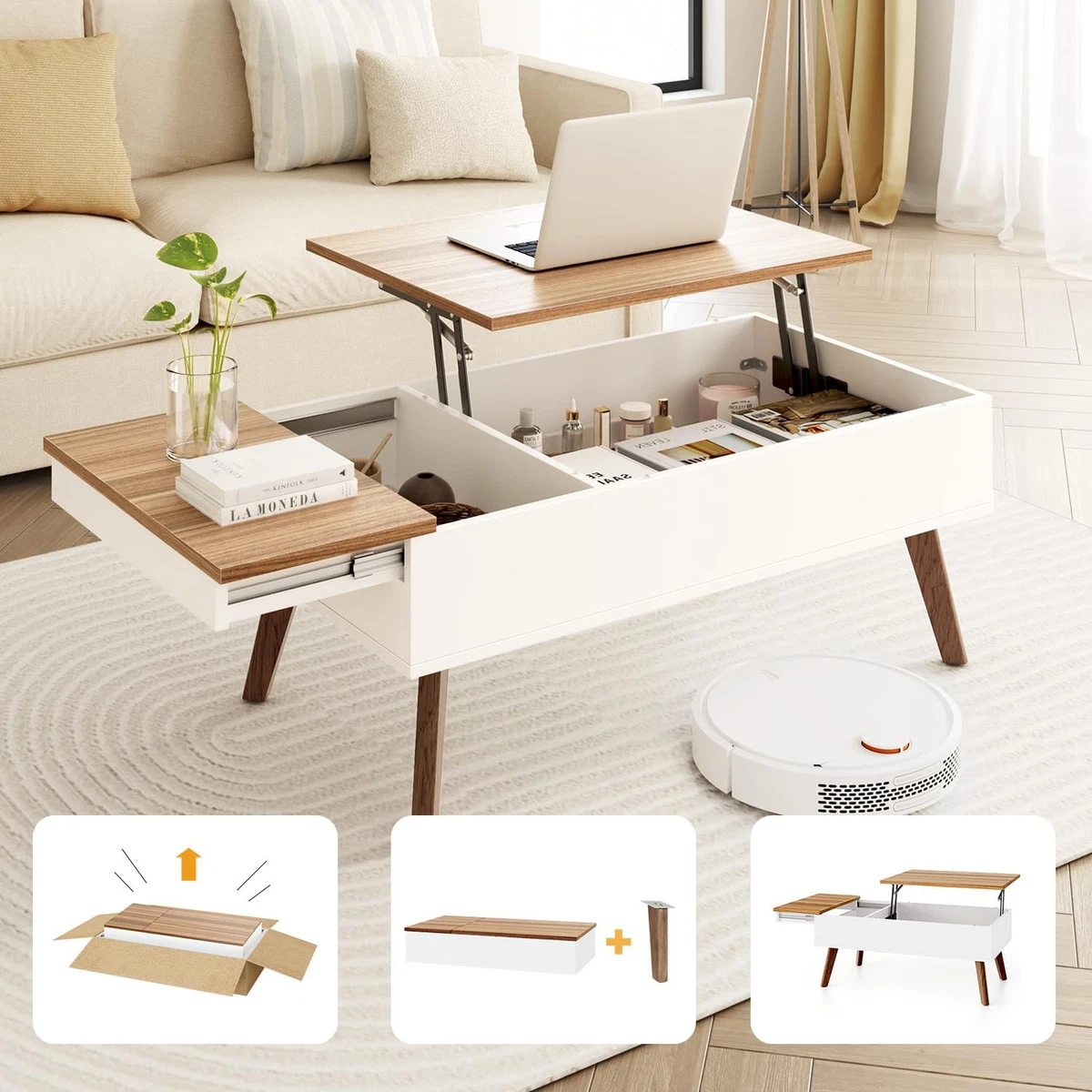 Mesa De Centro Moderna Con Estante – Color Roble, 92x47x45 Cm, Con Tira LED Opcional, Para Salón