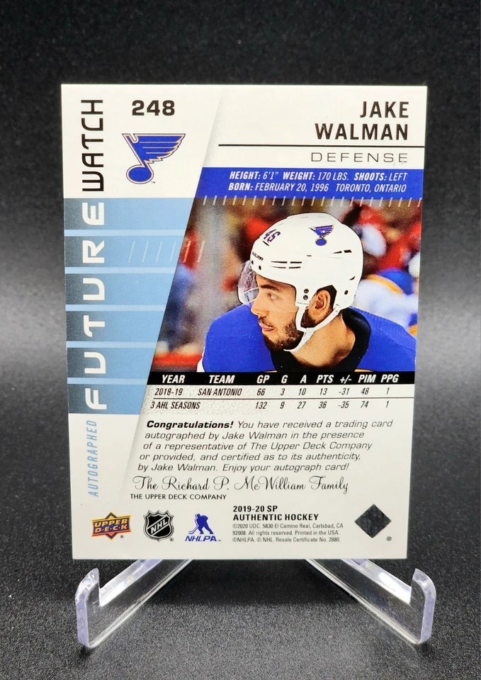 2019-20 SP Authentic Jake Walman Future Watch Auto /999 No. 248 Blues Oilers - Image 2 of 2