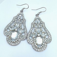 VTG Silver Tone Crystal Rhinestone Embellish Art Deco Chandelier Drop Earrings