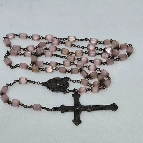 VINTAGE STERLING SILVER &PALE PINK CUBE-CUT GLASS PRAYER BEADS MARY JESUS ROSARY