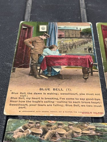 WW1 BAMFORTH SONG CARDS SET X4 BLUE BELL , UNPOSTED. VGC. Rare Design 9t - Foto 3 di 6
