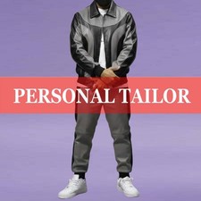 Men's Genuine Lambskin Leather GRAY/BLACK Front Zipper TrackSuit Sweatsuit