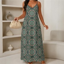 Green Geometric V-Neck Strappy Maxi Dress Chiffon Lightweight Pullover L