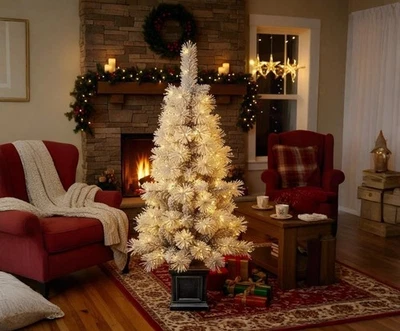 HOMION 2/3/4FT Pre-Lit Snowy Xmas Tree Artificial Bushy Christmas Tree with LED Lights