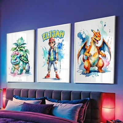 Pokemon Wall Art Personalised Gift Bedroom Boys Girls Print Charizard Set of 3 - Image 1 of 4