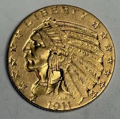 AU 1911 $5 Indian Head Gold Half Eagle, U.S. Type Coin Almost Uncirculated