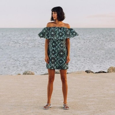 Baum Und Pferdgarten Alice Geo Print Off Shoulder Mini Dress Green/Blue