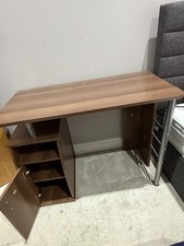 Medium Wood Tone Computer Desk with 3 Shelves, Silver Metal Legs, Freestanding