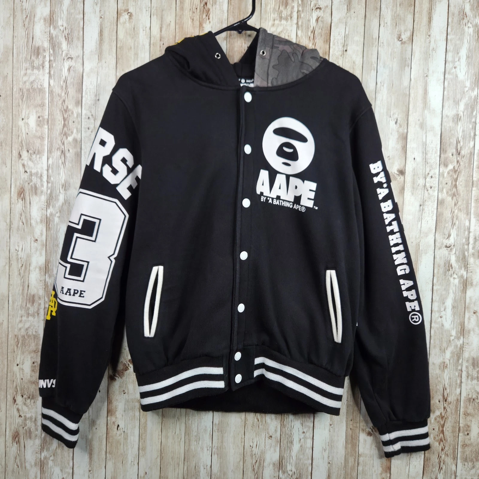 Aape by Bathing Ape Button Snap Hooded Hooded Varsity Jacket Black Youth Size XL image 1
