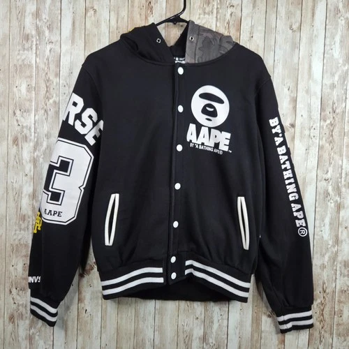 Aape by Bathing Ape Button Snap Hooded Hooded Varsity Jacket Black Youth Size XL - product listing photo