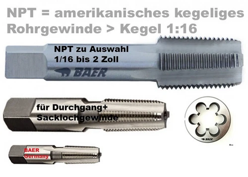NPT Gewindebohrer Baer Gewindeschneider Rohrgewinde 1/8 1/4 3/8 1/2 3/4 2 Zoll