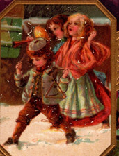 Christmas Greetings Children Musicians Snow Holly Gilt 1910 Db Postcard