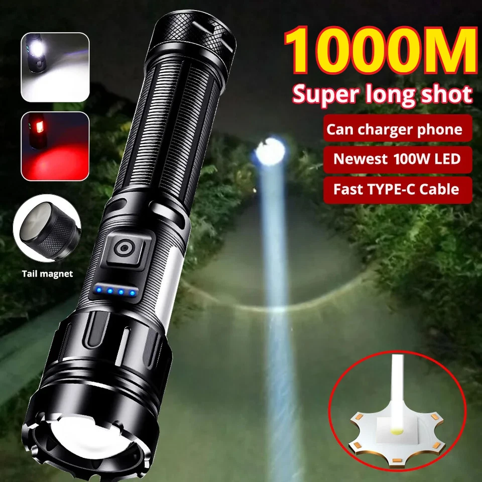 100000LM Powerful Flashlight Rechargeable Tactical Torch Zoom Magnetic Torch US