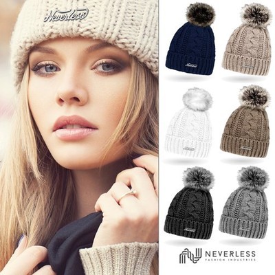 Damen Strick-Mütze gefüttert Fell-Bommel Kunstfell Winter-Mütze Bommelmütze