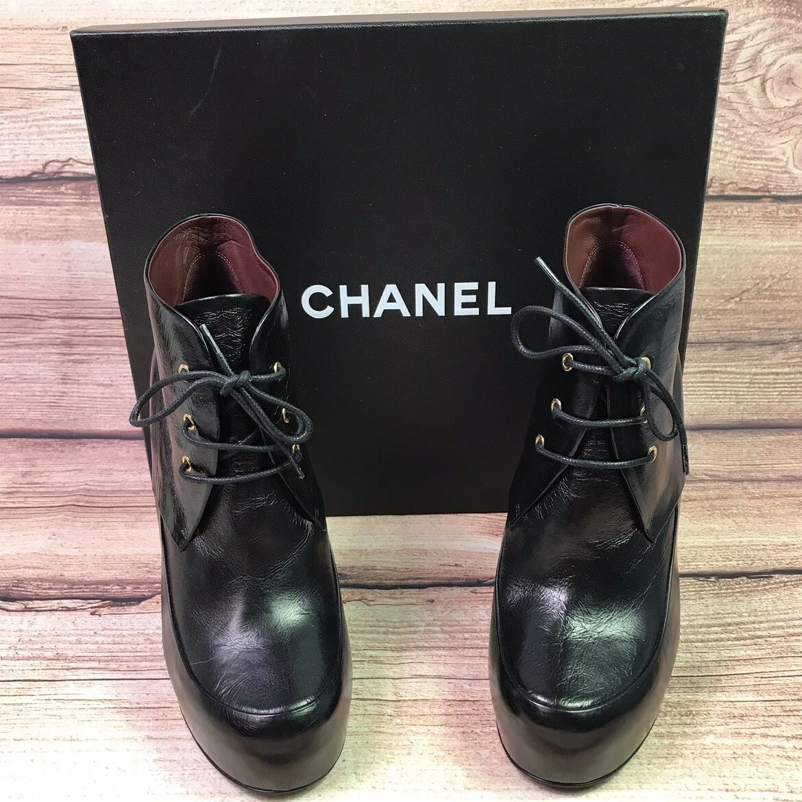 Chanel Lace-Up Black Ankle Boots Booties Platform Logo Stud Leather SIZE 39