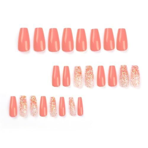 Medium Press on Nails Coffin Fake Nails Pink Orange Ballet Nails Press style9 - Bild 6 von 7