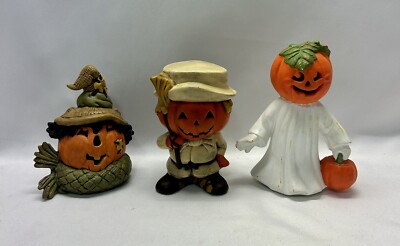 3 Vintage Handmade Ceramic 5 - 7'' Pumpkin Ghost Scarecrow Autumn Halloween Decor