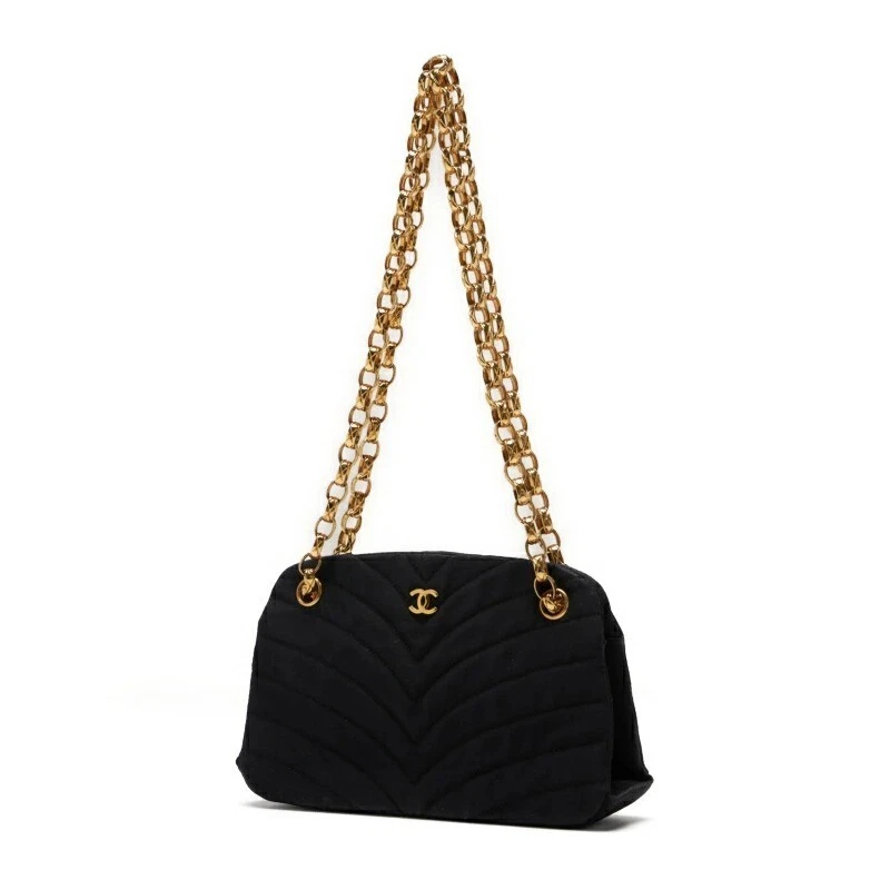 Chanel Chevron V Stich Clasp Chain Crossbody Shoulder Black Nylon Women s Bags