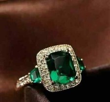 Vintage Art Deco Style Cushion Lab Created Emerald Engagement 925 Silver Ring