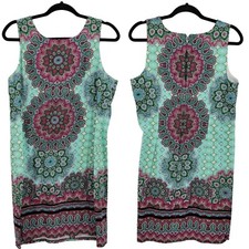 Vintage Maggie L Dress 14 Green Cotton Stretch India Medallion Sleeveless Shift