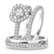 2 Ct Moissanite 14K White Gold Over Solitaire Matching His & Her Trio Ring Set