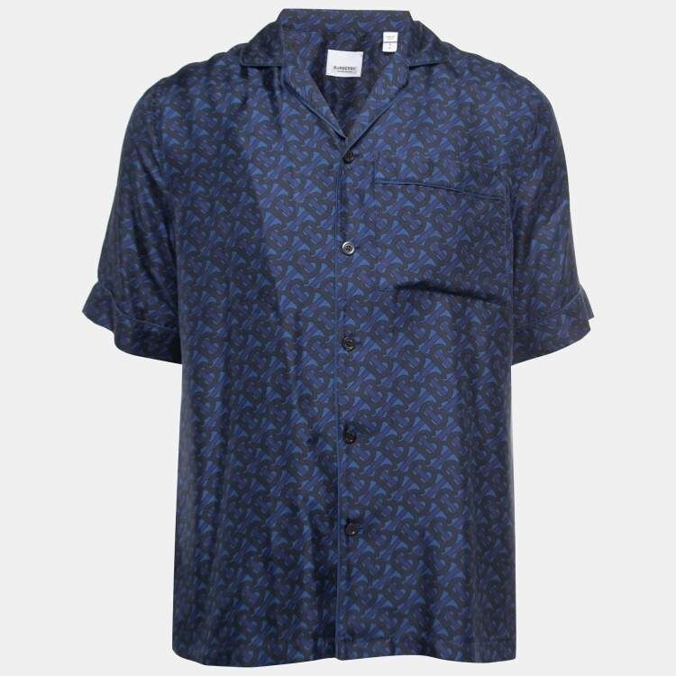 Men Burberry Shirt Short Sleeve Prestonwood Deep Royal Blue Silk