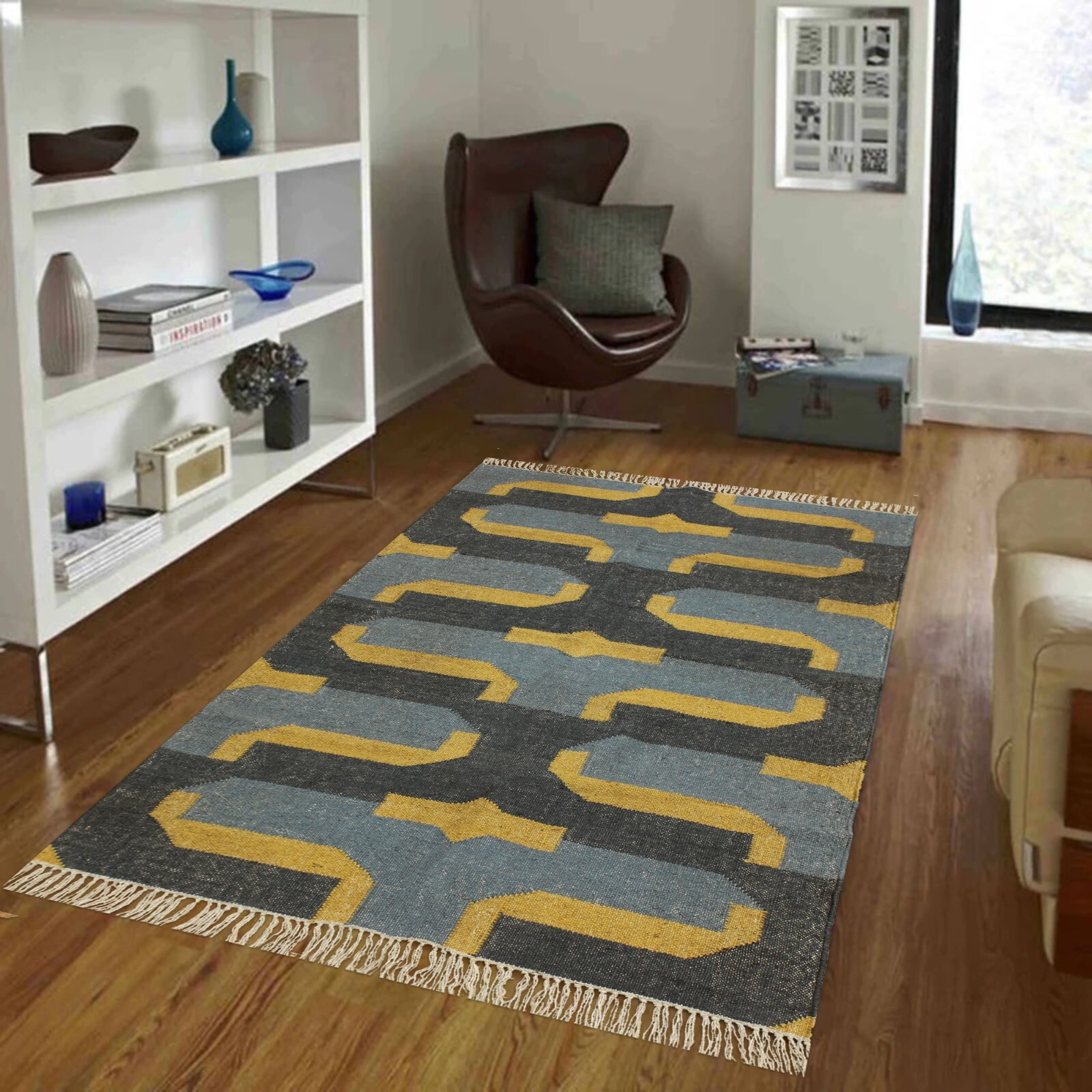 Handwoven Jute Wool Geometric Area Rug Modern Kilim 4x6 Ft Rug