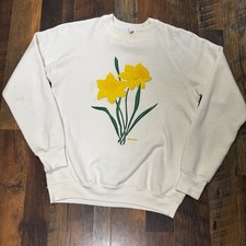 Vintage Morning Sun Daffodil Puff Print Crewneck Sweatshirt White Medium