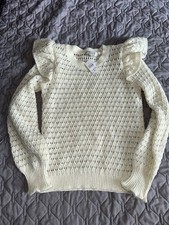 LOFT Ivory Open-Knit Puff Sleeve Crew Neck Pullover Sweater Women s XS