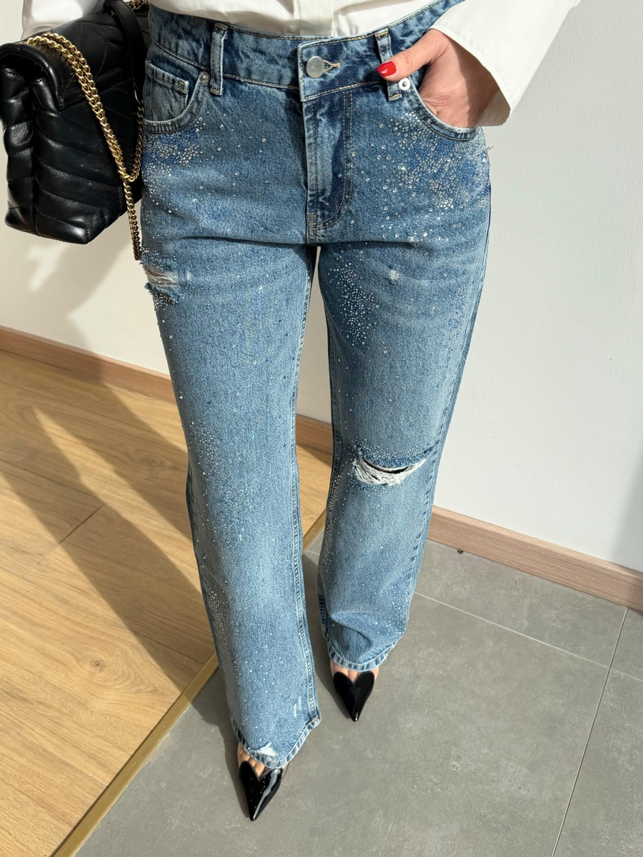 Zara TRF Ripped Wide Leg Rhinestone Jeans Blue UK8 UK10 UK14 UK16