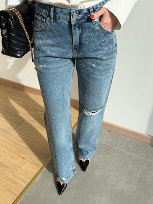 (^-^)  Zara TRF Ripped Wide Leg Rhinestone Jeans Blue UK8 UK10 UK14 UK16
