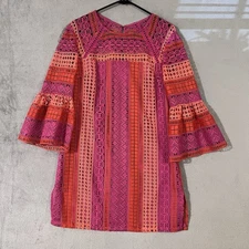 Trina Turk Lace Short Dress Pink Orange Womens Size 6 Bell Sleeves Lined