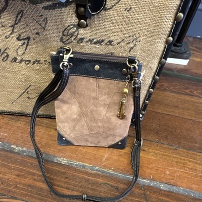 Myra Co Brown Black Patchwork Crossbody Bag Studded Zipper Charm Gold Hardware